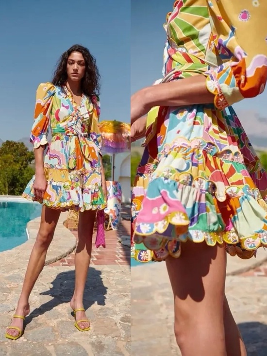 Celia B Dresses & Skirts - Celia B • Andromeda Dress mini tropical floral puff sleeve scalloped tiered